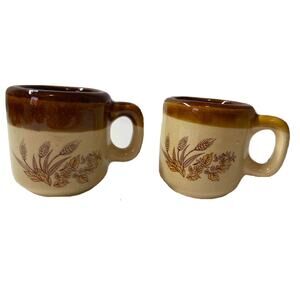2 Coffee Tea Cups Vintage Brown Glaze Wheat Flower Theme Made in Japan Mugs 70s